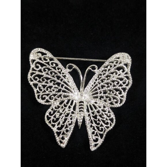 Vintage M Jent Butterfly Pin Silver Tone Open Metal Work Brooch - Picture 2 of 8